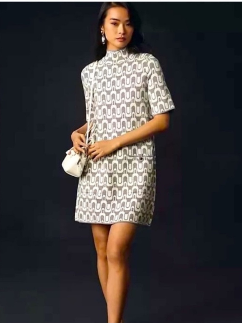 Maeve Annalise Gray Print Mockneck Mod Shift Dress size Medium